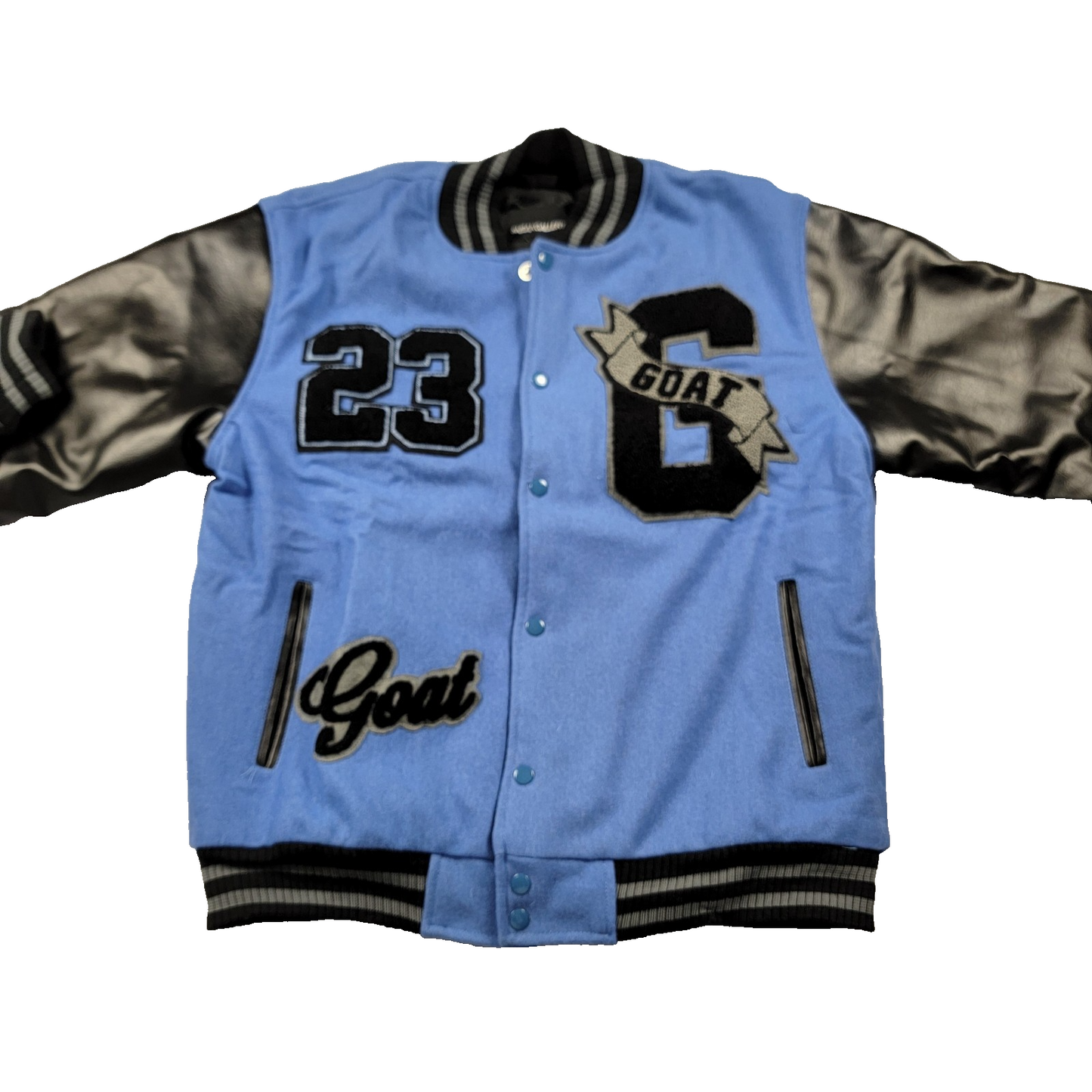 SneakGallery GOAT 23 Varsity Jacket Black Blue Leather Sleeves Size L NWT 7010