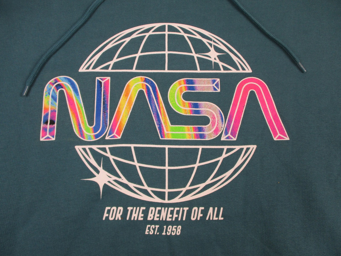 NASA Hoodie Sweatshirt Mens Medium Blue Globe Logo Rainbow Graphic Pullover 13312