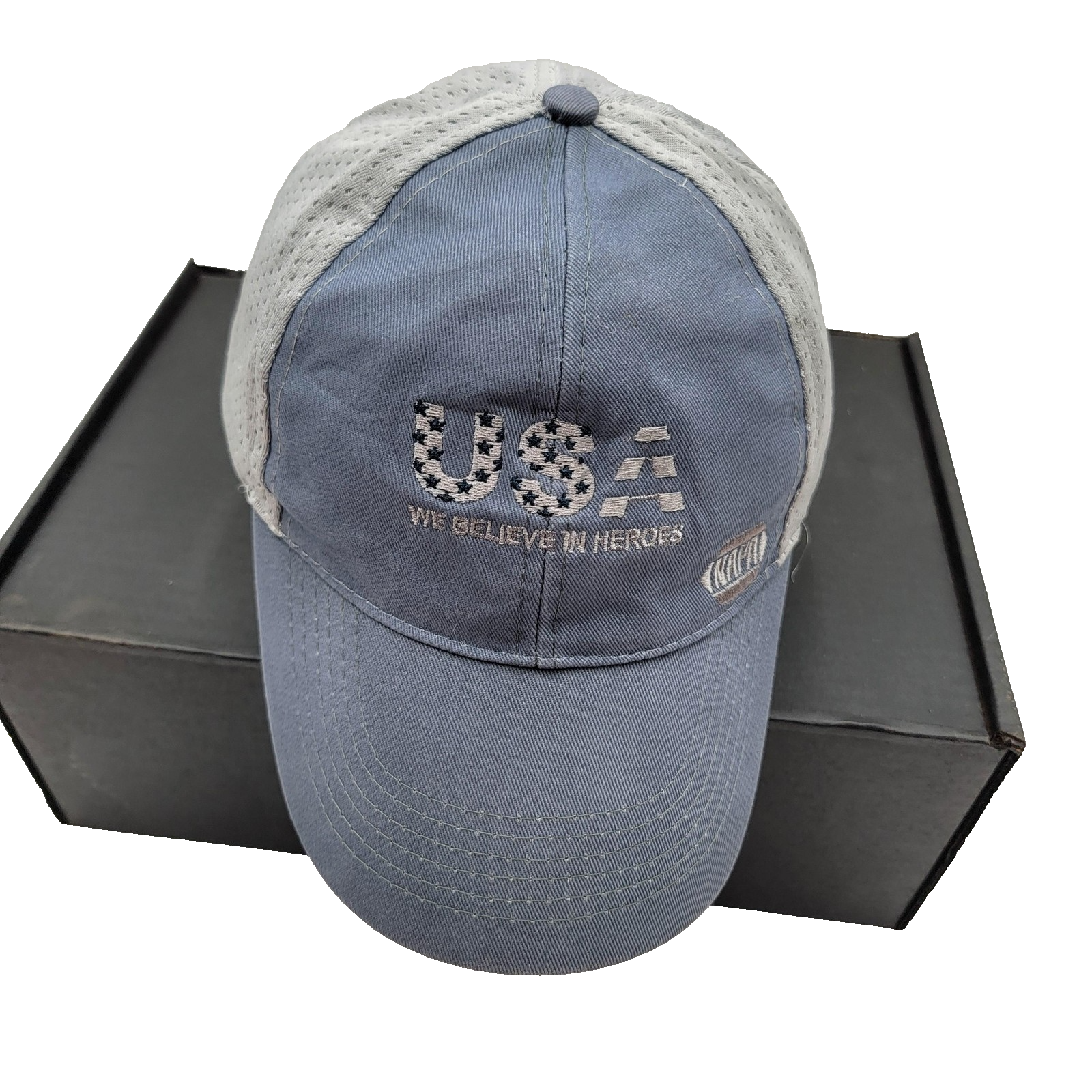 NAPA USA Hat Cap Strap Back Blue Gray Mesh Embroidered Trucker Patriotic Mens0