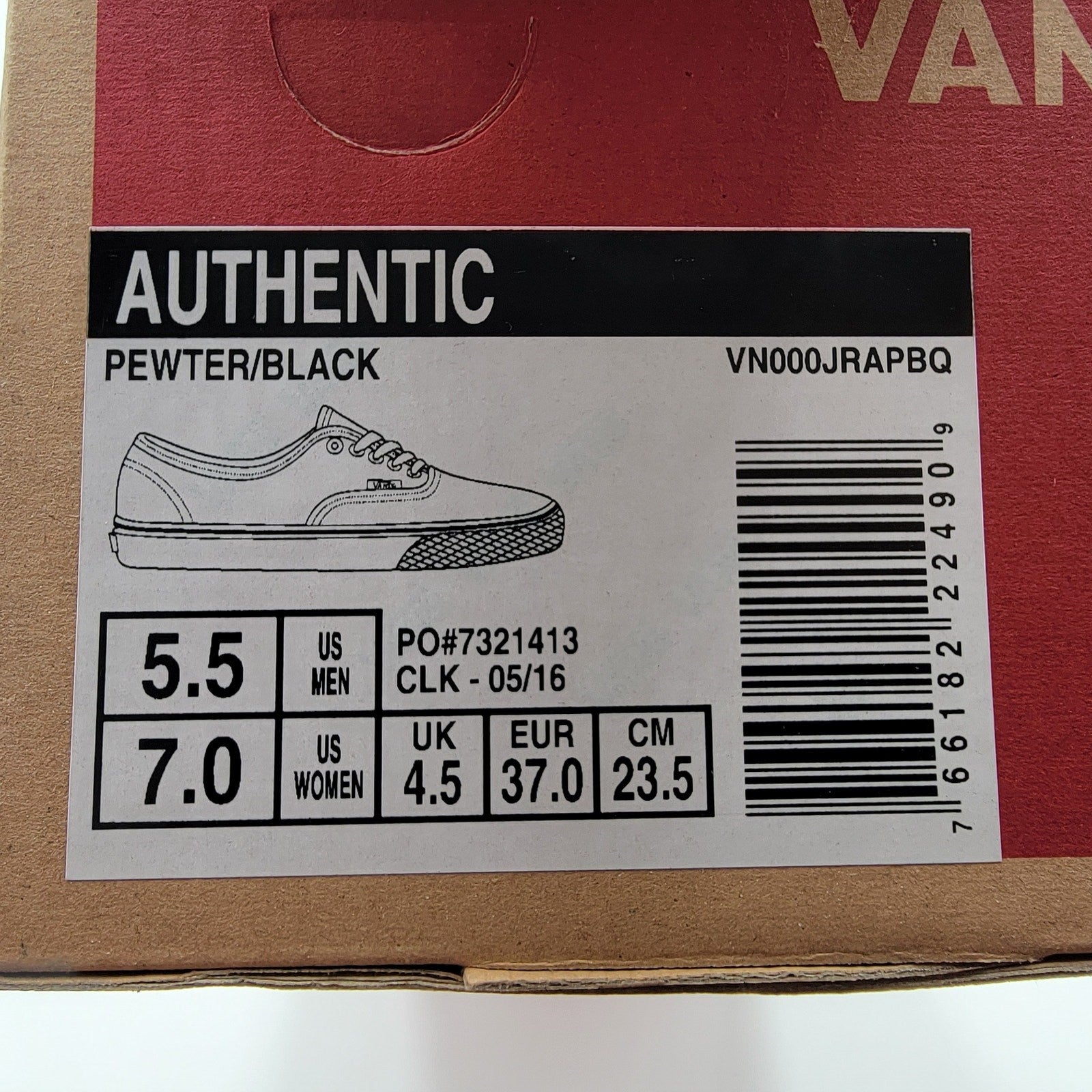 Vans Authentic Pewter Sneakers Sz 5.5M/7W VN000JRAPBQ7