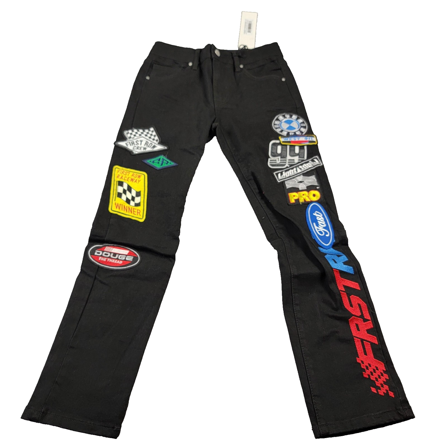 First Row Racing Pants Youth Med Black Stone Denim Patches Fast Crew Winner 9200