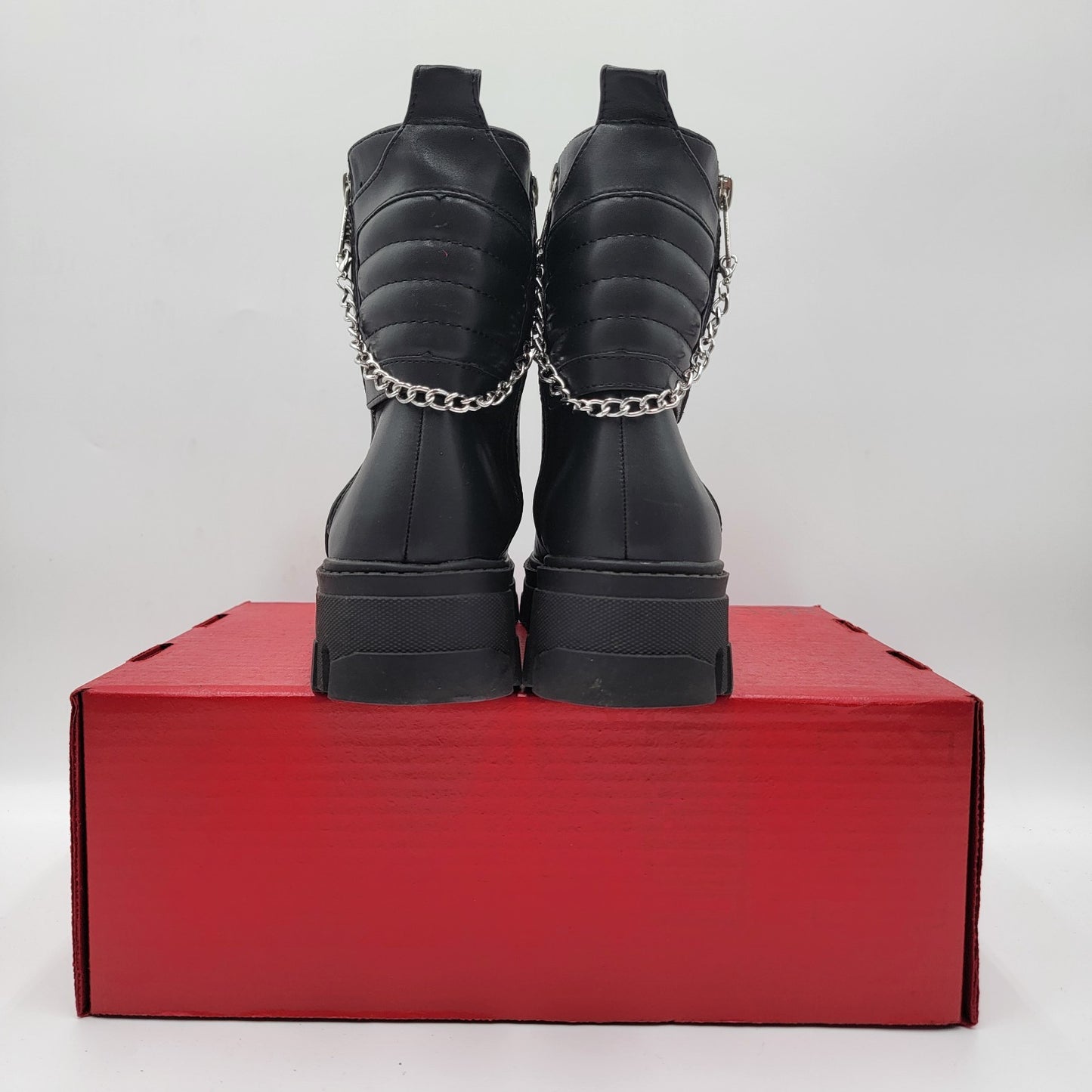 Fashion Nova Combat Boots Women 8.5 Black Lace Up Zip Chain Chunky Lug Sole