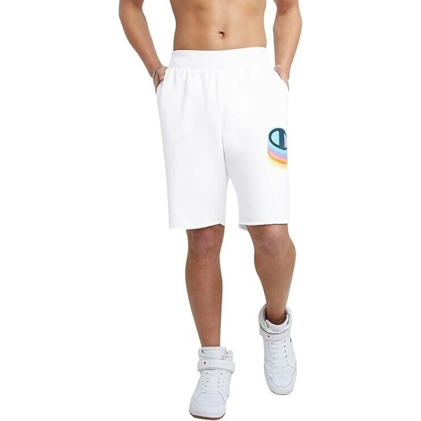 Men's Size L  Champion 10 Inch Reverse Weave C Shadow CutOff Shorts, White0