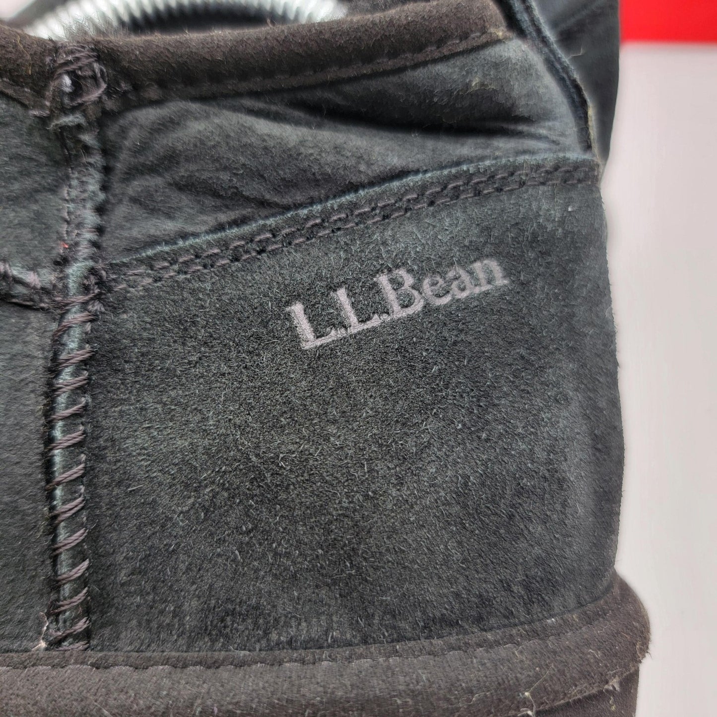 LL Bean Womens Size 7 Black Suede Shearling Slip On Moccasin Slippers Cozy