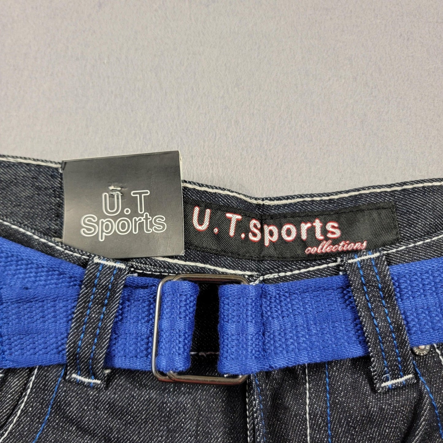 U.T Sports Mens 36x32 Blue Denim Straight Leg Belted Embroidered Pockets