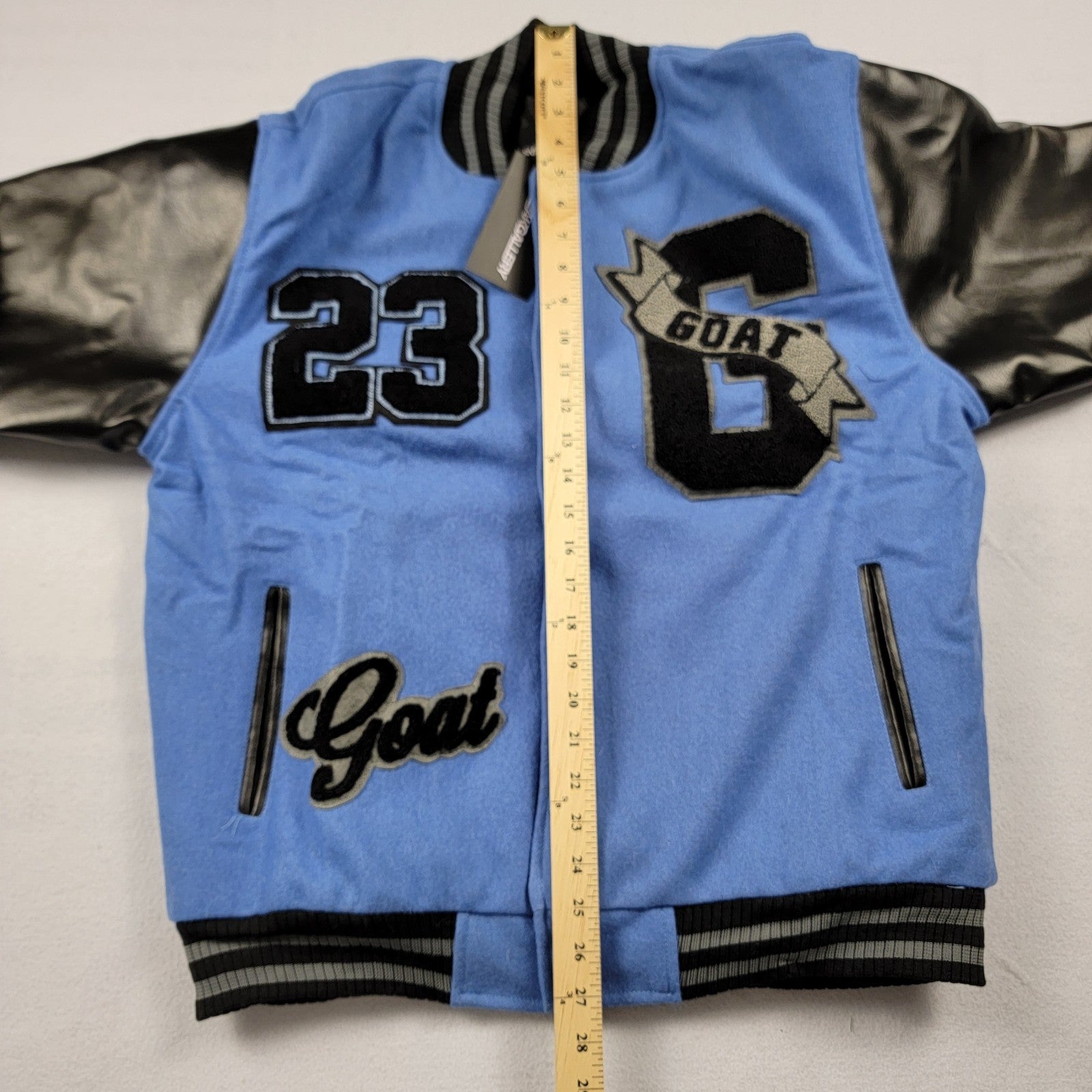 SneakGallery GOAT 23 Varsity Jacket Black Blue Leather Sleeves Size L NWT 7014
