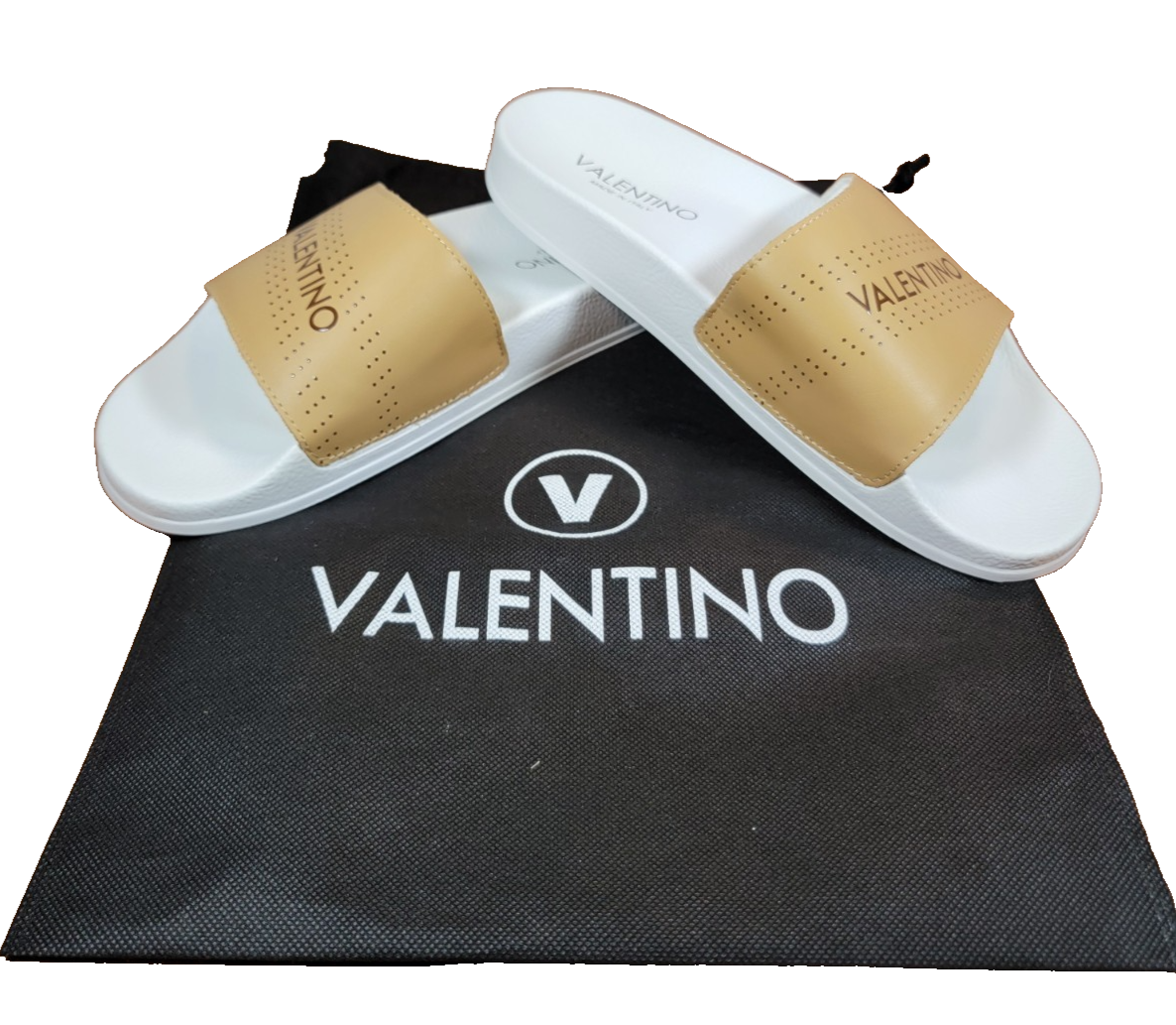 Valentino by Mario Valentino Logo Leather Slide Sandal Men Sz 9 EU 42 Tan0
