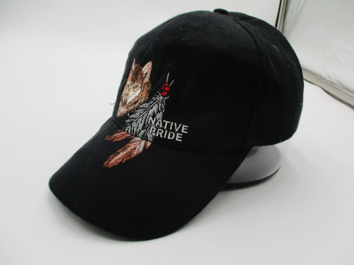 Native Pride Hat Cap Strap Back Mens One Size Black Wolf Feathers Embroidered4