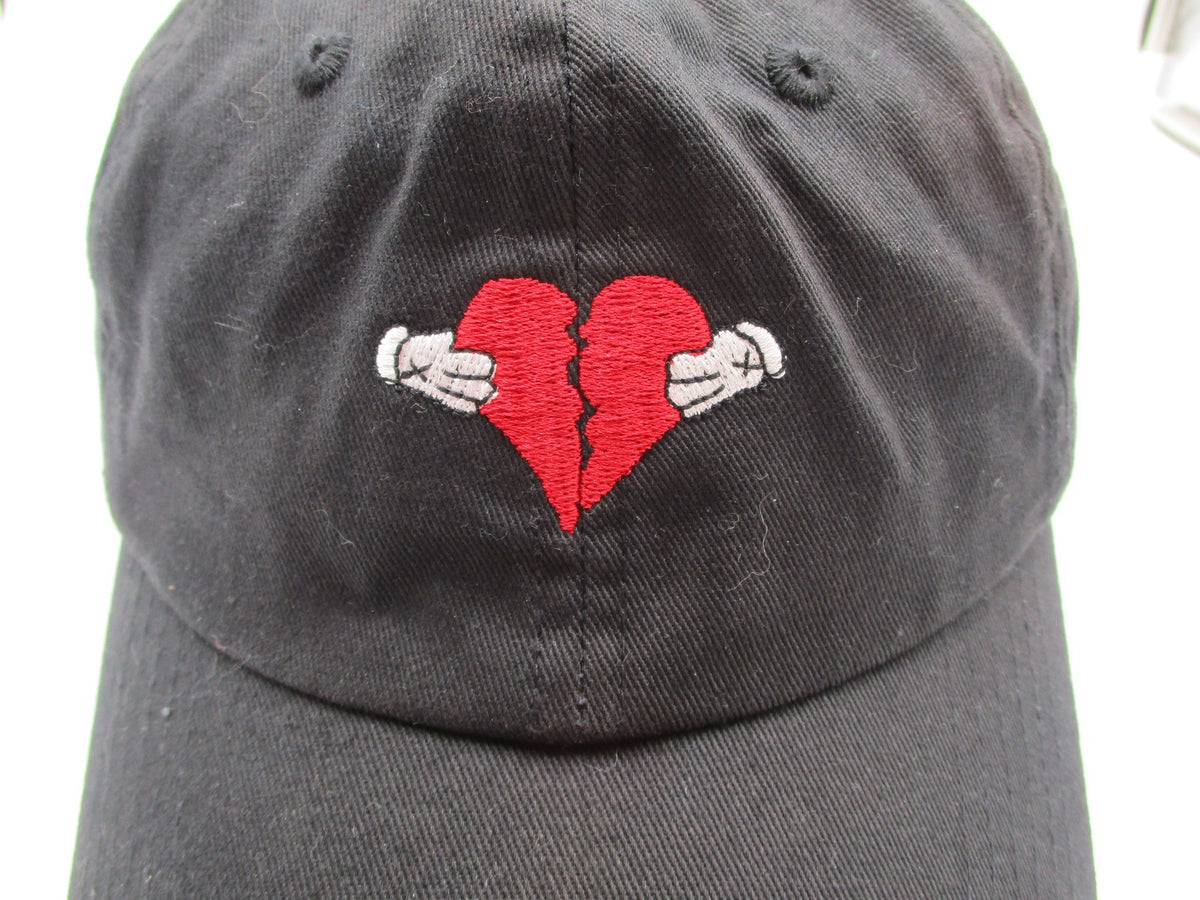 Broken Heart Hat Cap Strap Back Mens One Size Black Cotton Embroidered Dad1