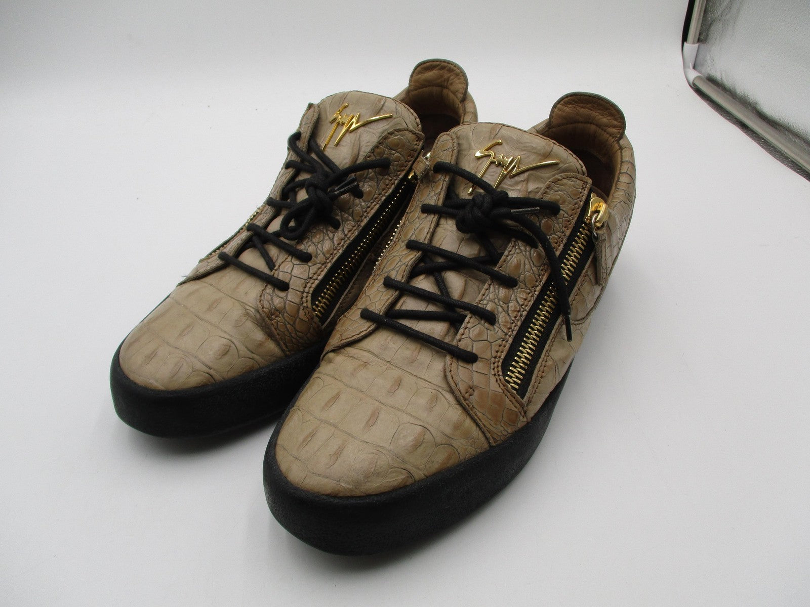Giuseppe Zanotti Schalfa Shoes Mens Size 13 Beige Croc Zip Leather Sneakers0