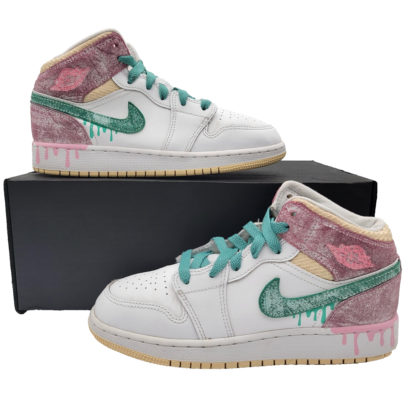Air Jordan 1 Mid SE GS Shoes Youth Sz 5Y White Pink Green Drip DD1666-100