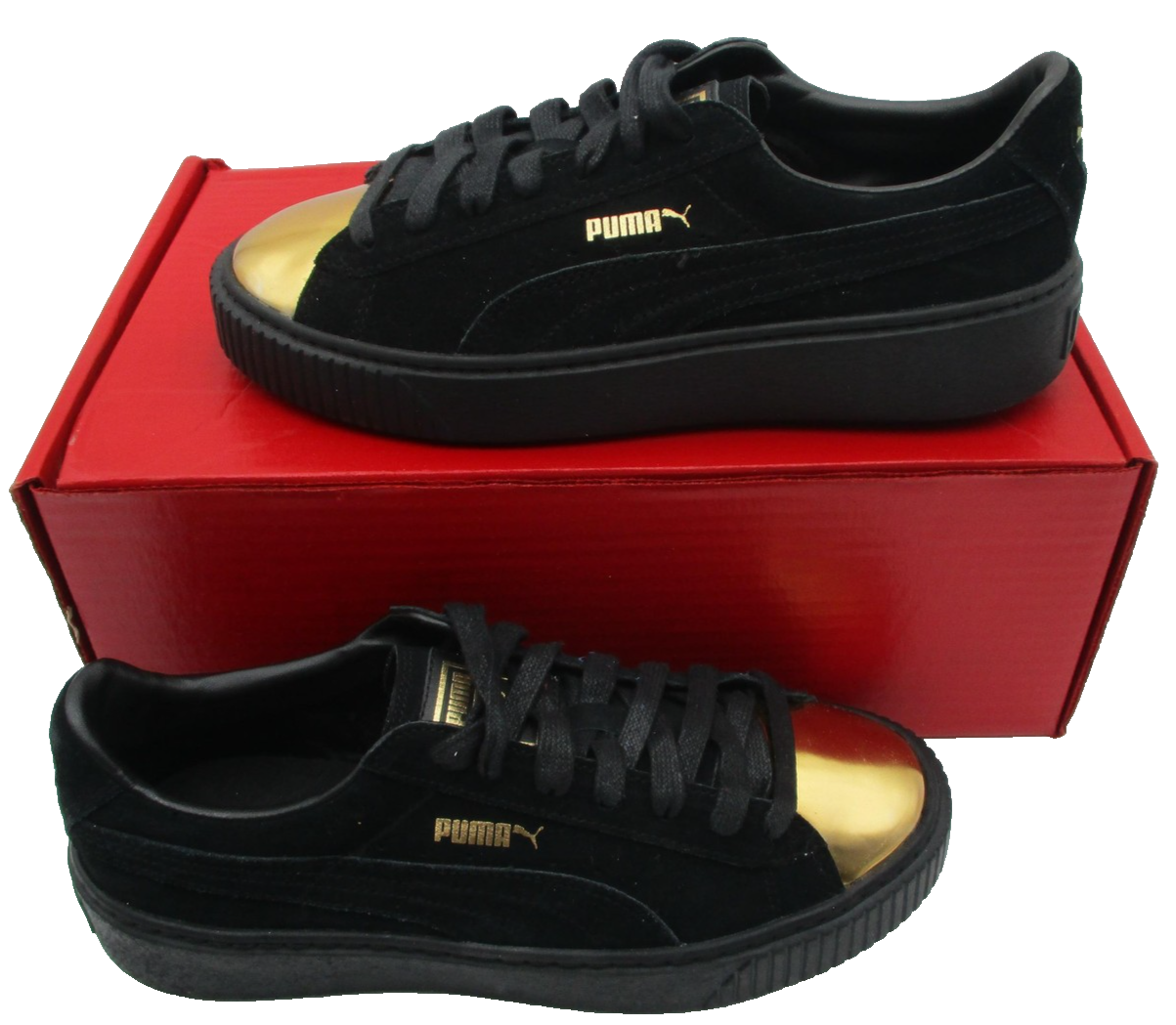 Puma Basket Platform Metallic Shoes Womens Size 8.5 Black Gold Toe 36222202 1R82