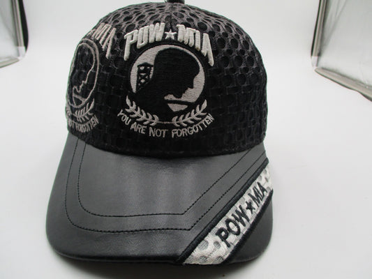 JWM POW MIA Hat Cap Strap Back Mens One Size Black Mesh Faux Leather Embroidered0