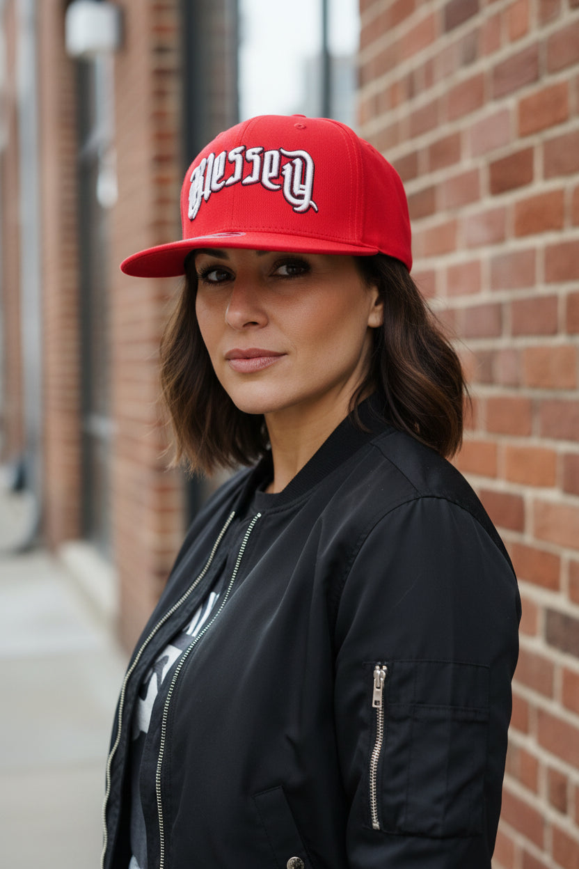 Hustle Blessed Hat Cap Snap Back Mens One Size Red Gothic Script Embroidered0