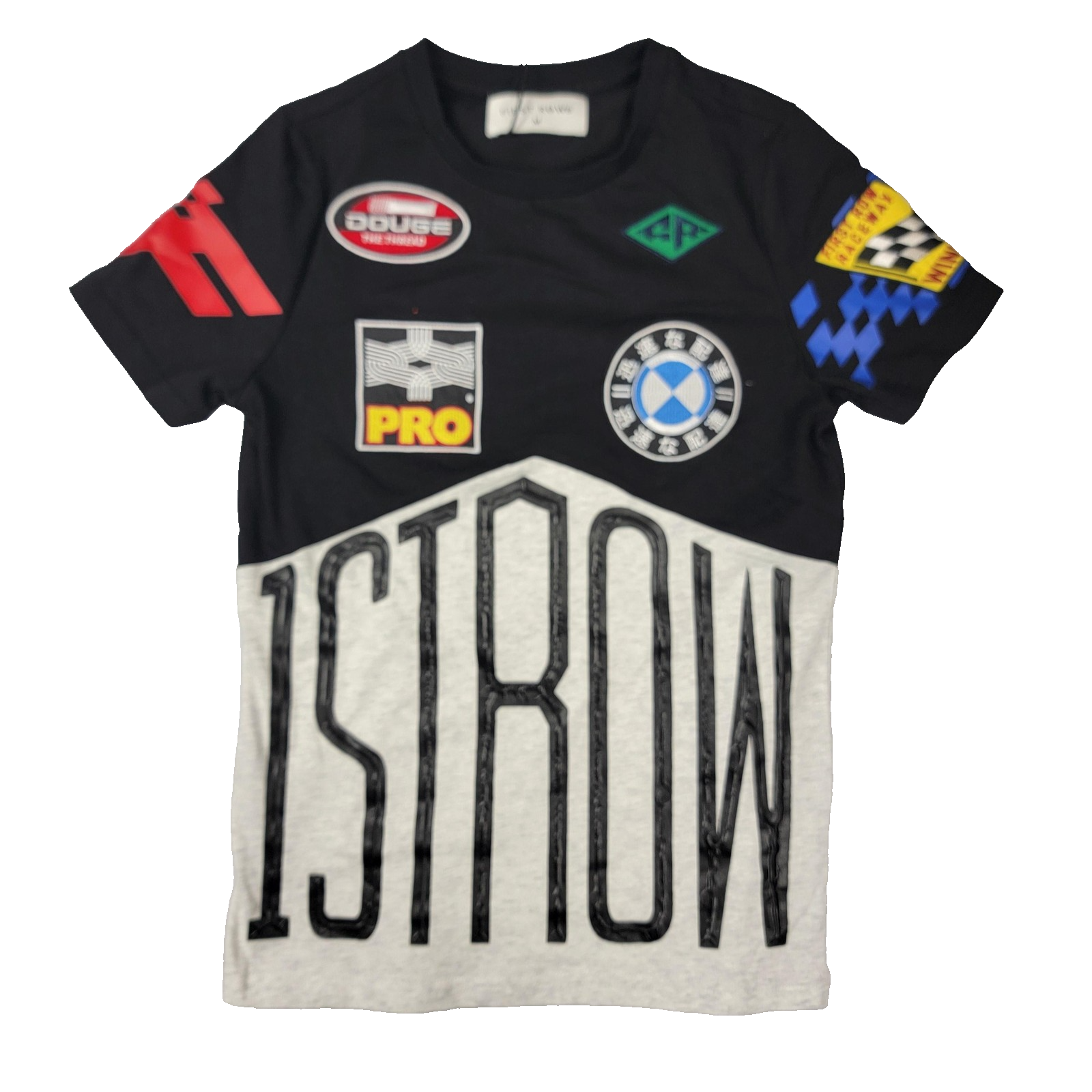 First Row Shirt Mens Med Black Gray Racing Patches Graphic 1st Row Crew New 11400