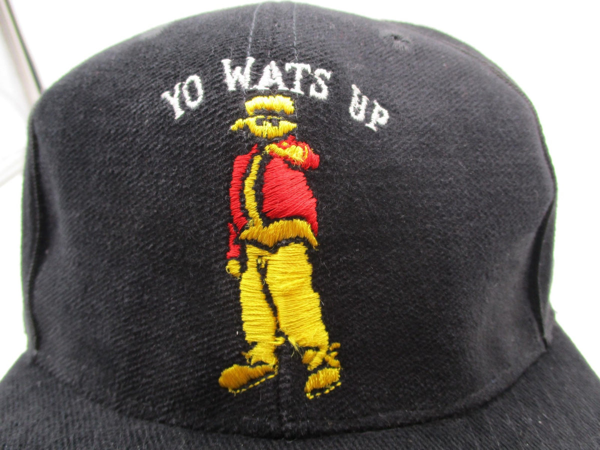 Yo Lid Hat Cap Snap Back Mens One Size Black Yo Wats Up Cartoon Embroidered1
