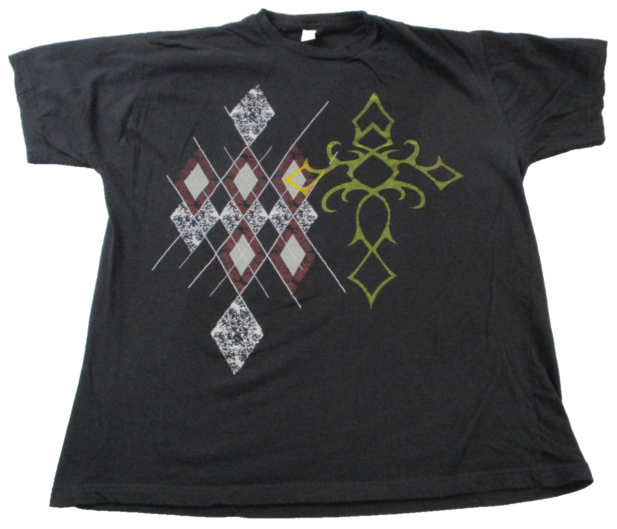 Gravity Y2K Gothic Cross Argyle Graphic Tee Mens XL Black Used 15750