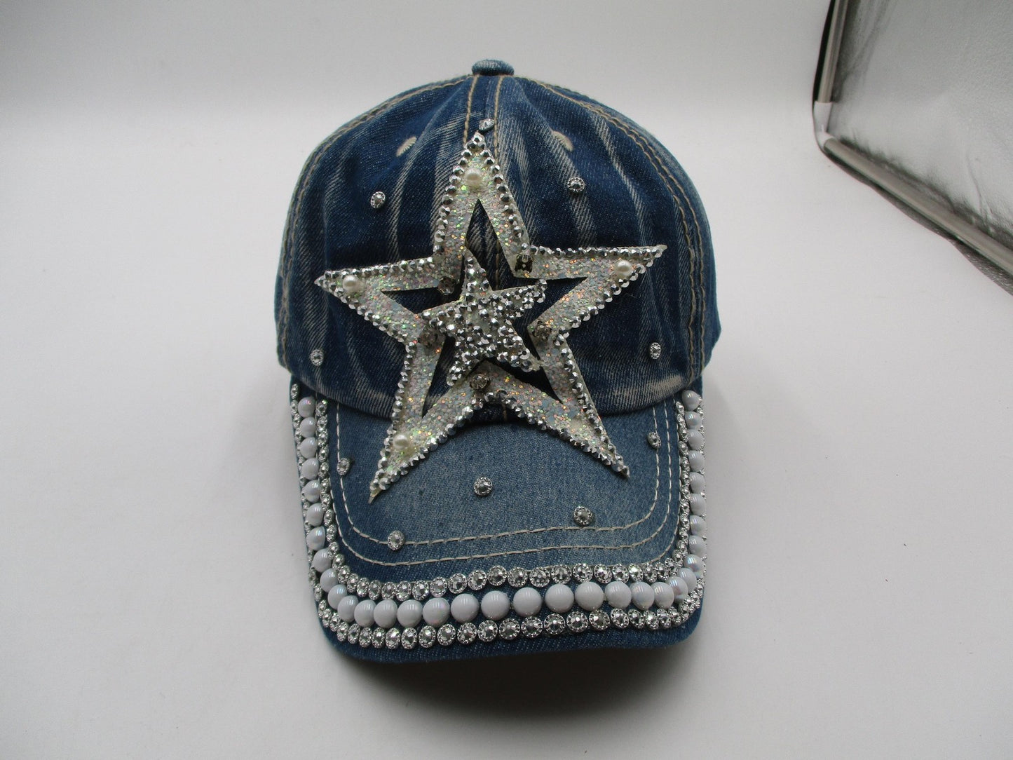 Rhinestone Star Hat Cap Strap Back Blue Denim Beaded Pearl Adjustable Womens0