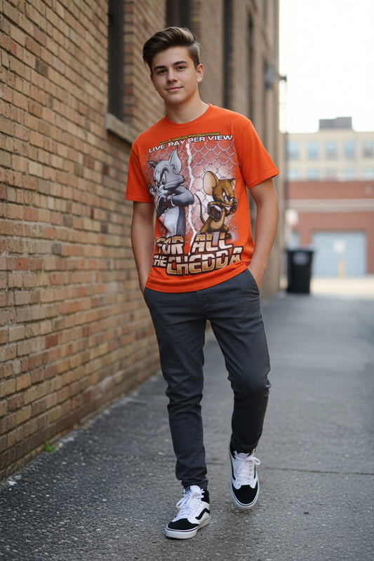 New Rizon Shirt Mens Large Orange Tom & Jerry Boxing For All The Chedda Tee0