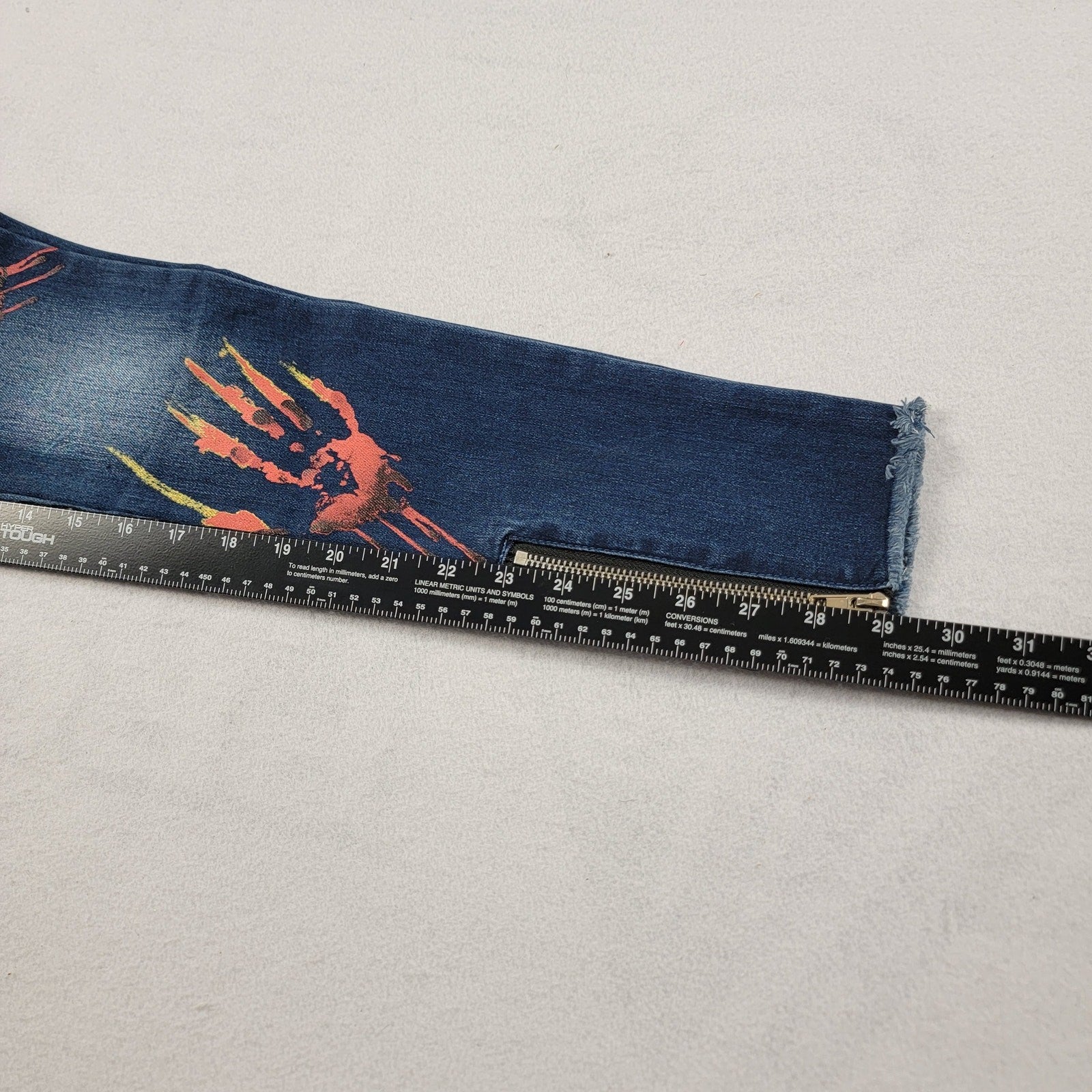 The Hideout Clothing Mens Jeans 30 Blue Flame Hand Print Slim Fit Zip Hem 822234