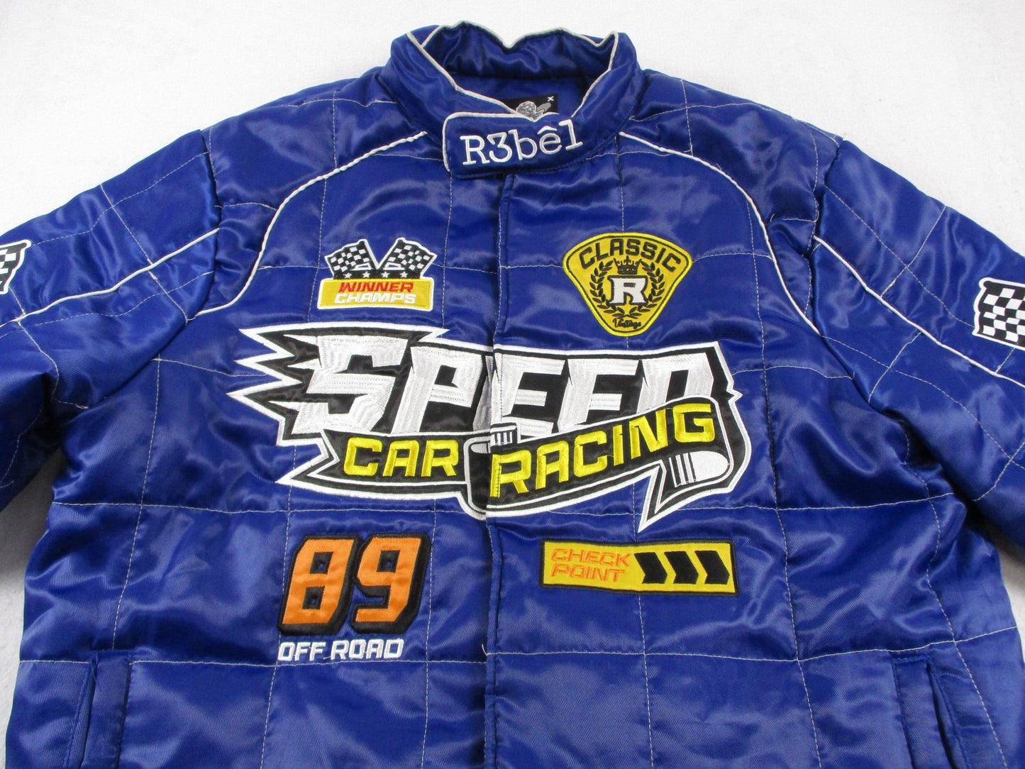 R3bel Jacket Mens 2XL Blue Racing Speed Car Graphic Quilted Satin Bomber4