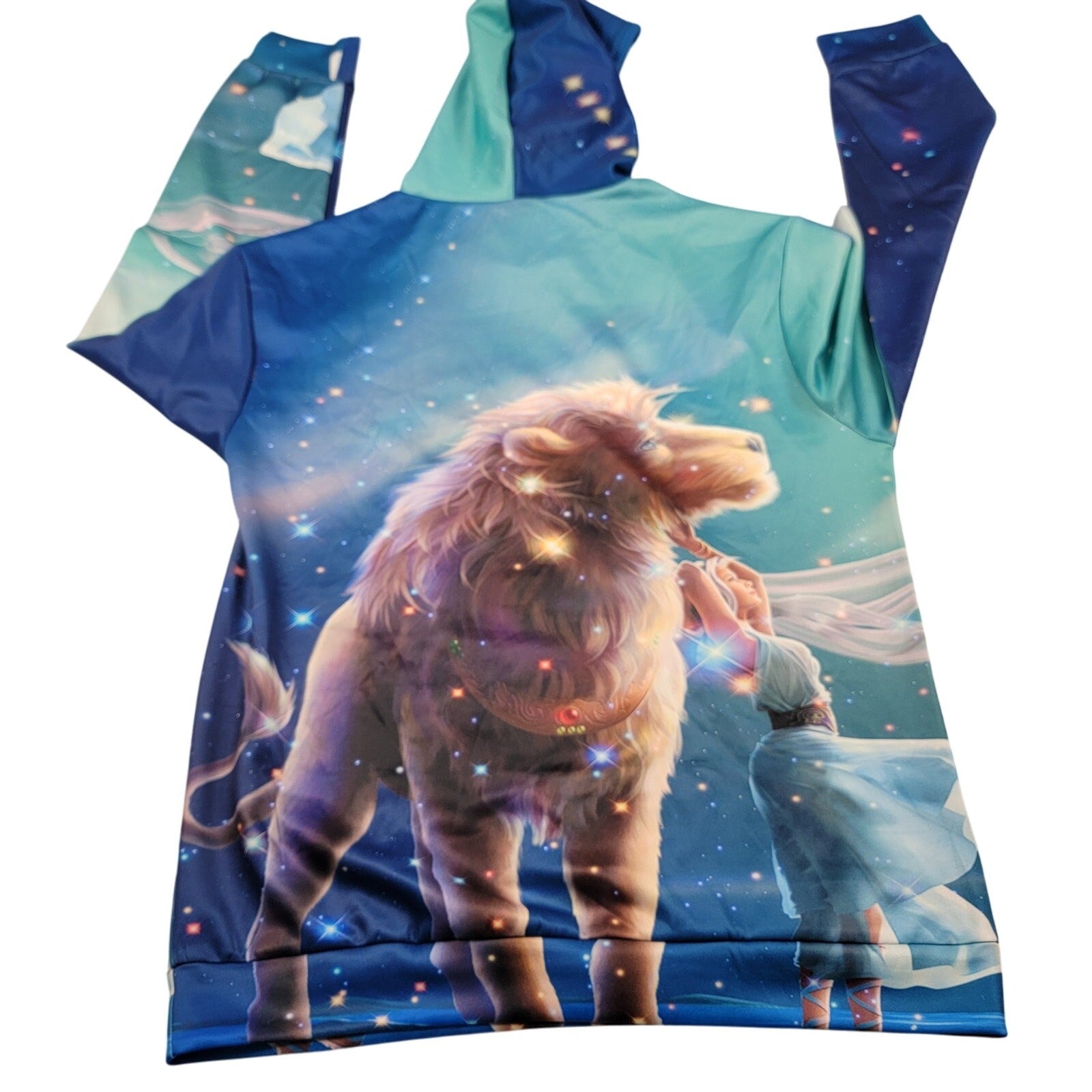 Galaxy Lion Fantasy Art Hoodie XL Cosmic Blue 3D Graphic Pullover New