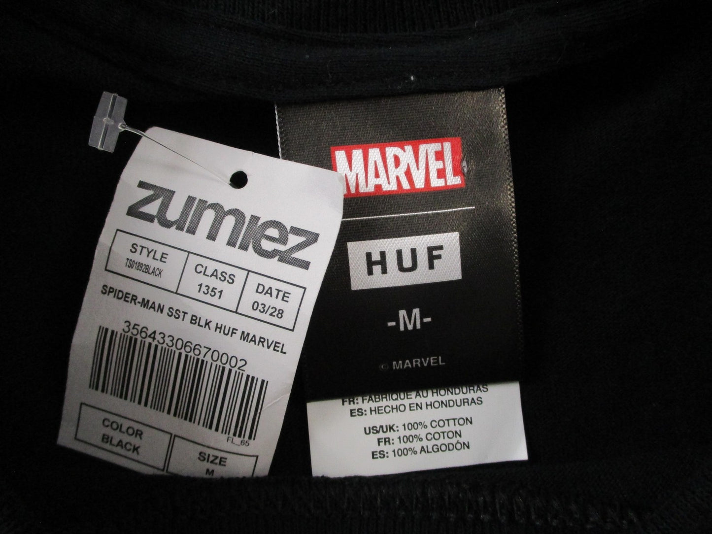 SpiderMan HUF Marvel Shirt Mens Medium Black Graphic Tee Back Graphic 15063