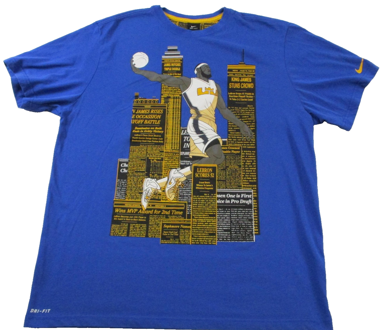 Nike DriFit LeBron James King James Newspaper Graphic Tee Mens 2XL Blue 15630