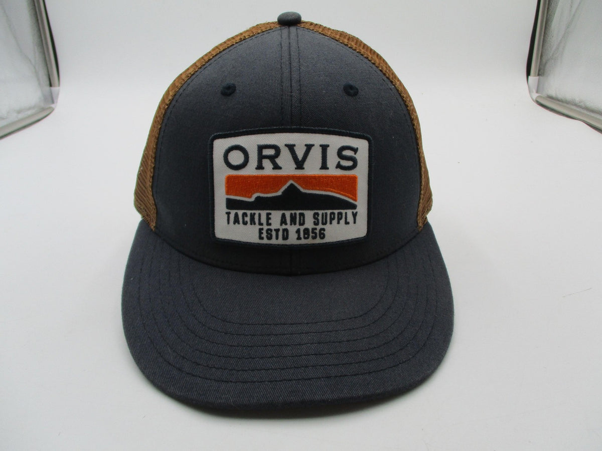 Orvis Hat Cap Snap Back Mens One Size Gray Brown Trucker Mesh Tackle Patch0