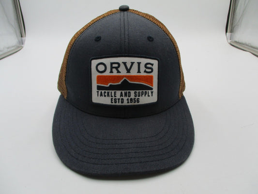 Orvis Hat Cap Snap Back Mens One Size Gray Brown Trucker Mesh Tackle Patch0