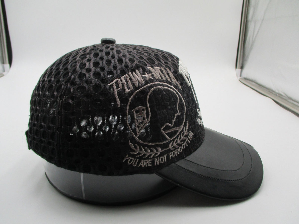 JWM POW MIA Hat Cap Strap Back Mens One Size Black Mesh Faux Leather Embroidered7
