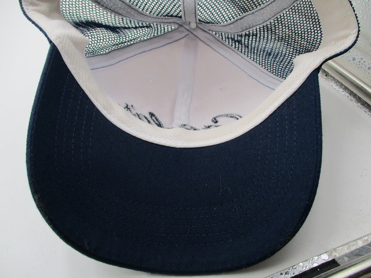 Cabela's Hat Cap Snap Back Mens One Size Blue White Mesh Trucker Script Logo9