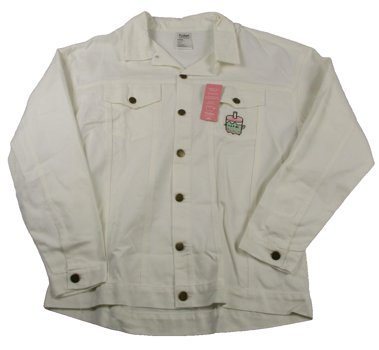 Pusheen Box Denim Jacket Womens L White Boba Cat Bubble Tea New Embroidered 13240