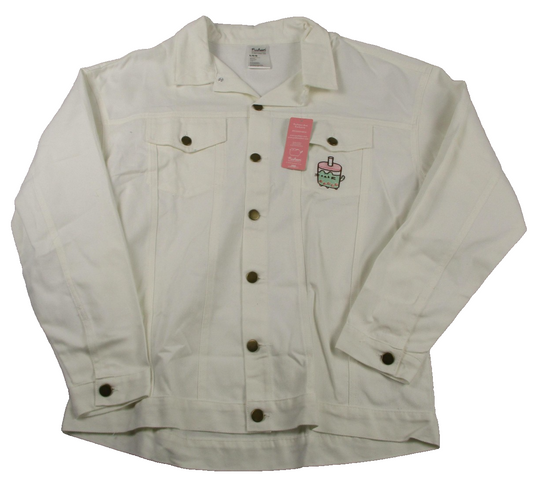 Pusheen Box Denim Jacket Womens L White Boba Cat Bubble Tea New Embroidered 13240