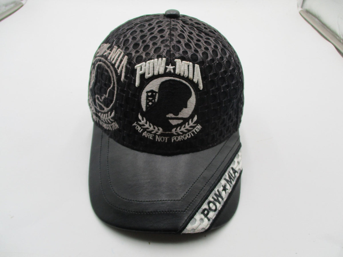 JWM POW MIA Hat Cap Strap Back Mens One Size Black Mesh Faux Leather Embroidered1