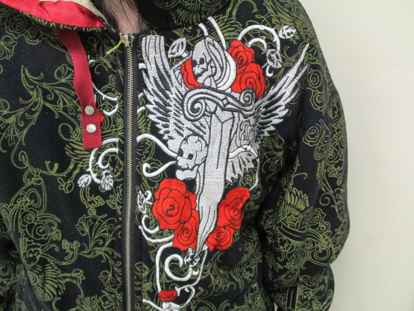Quickshark Hoodie Mens 2XL Black Full Zip Sherpa Lined Skull Rose Graphic Tattoo16