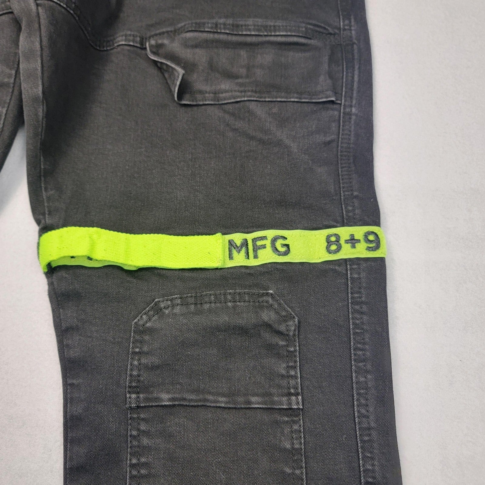 8&9 MFG Cargo Pants Men 40 Black Vintage Wash Neon HiVis Tape Utility