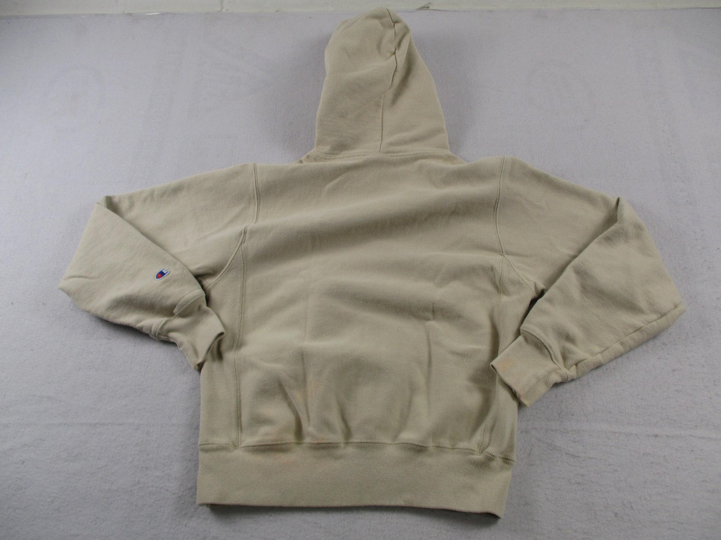 Vintage Champion Reverse Weave Hoodie Mens Small Beige Pullover Sweatshirt Logo1