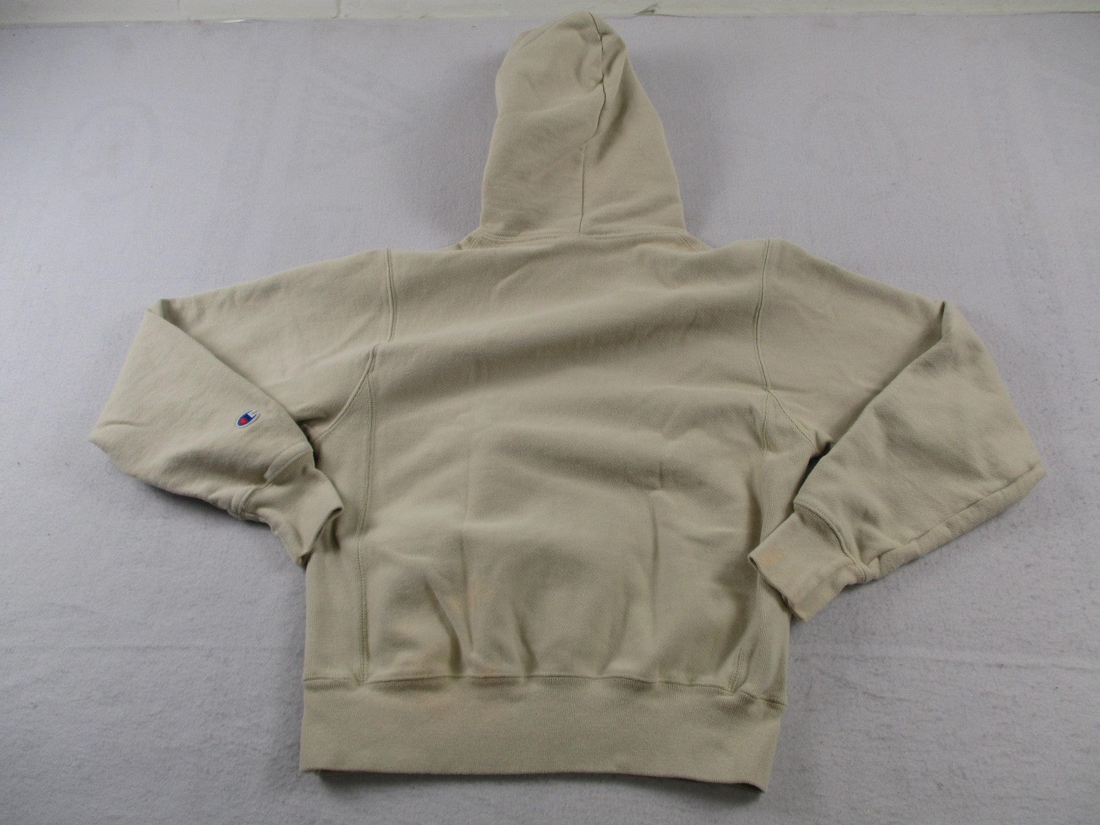 Vintage Champion Reverse Weave Hoodie Mens Small Beige Pullover Sweatshirt Logo1