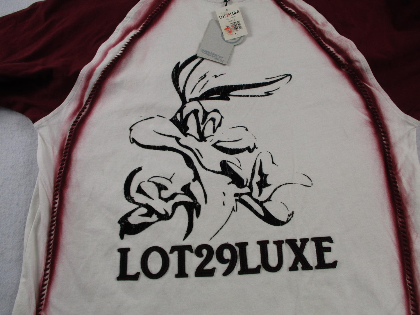 Lot29Luxe Shirt Mens Large White Maroon Raglan Cartoon Graphic Streetwear Tee0