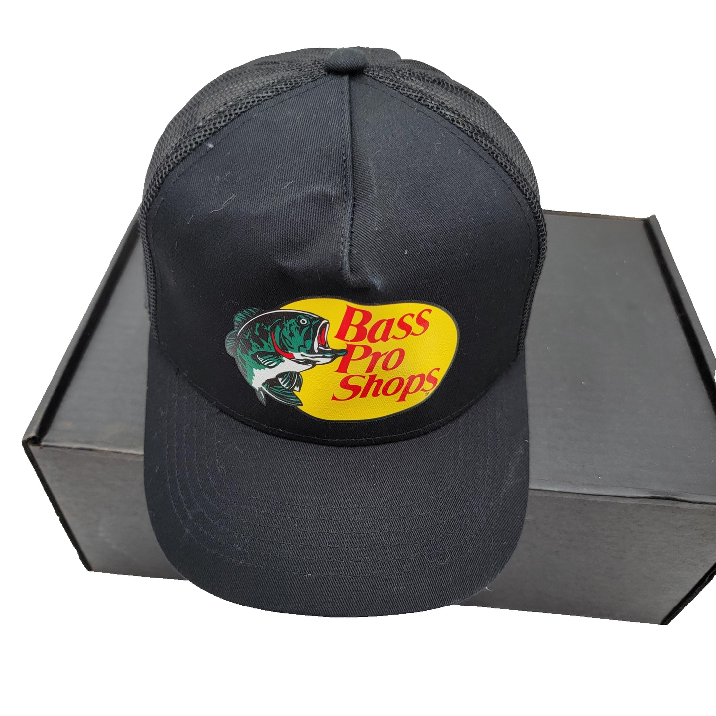 Bass Pro Shops Hat Cap Snap Back Black Mesh Trucker Patch Gone Fishing Mens0