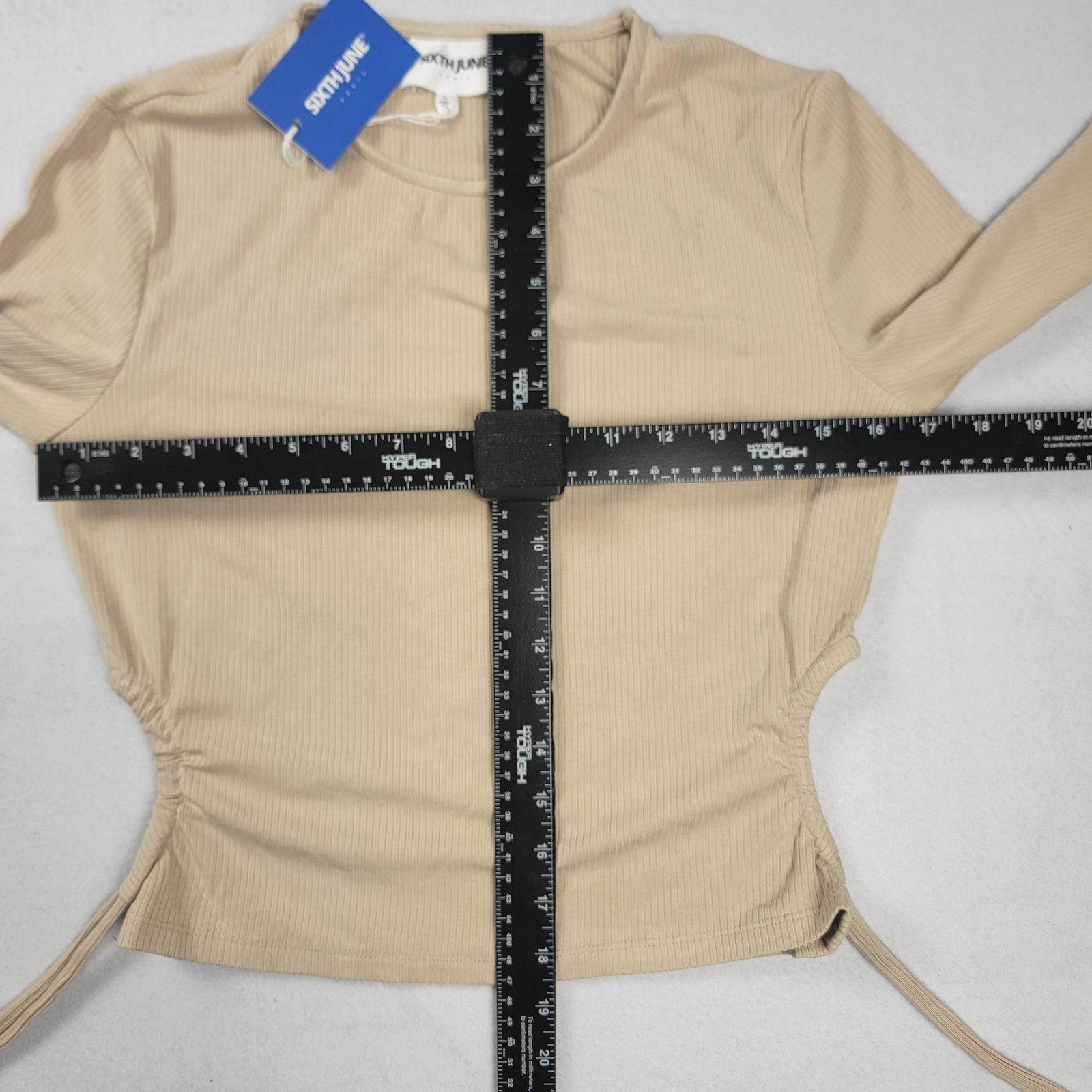 Sixth June Shirt Womens Large Beige Ruched Long Sleeve Ribbed Knit Top