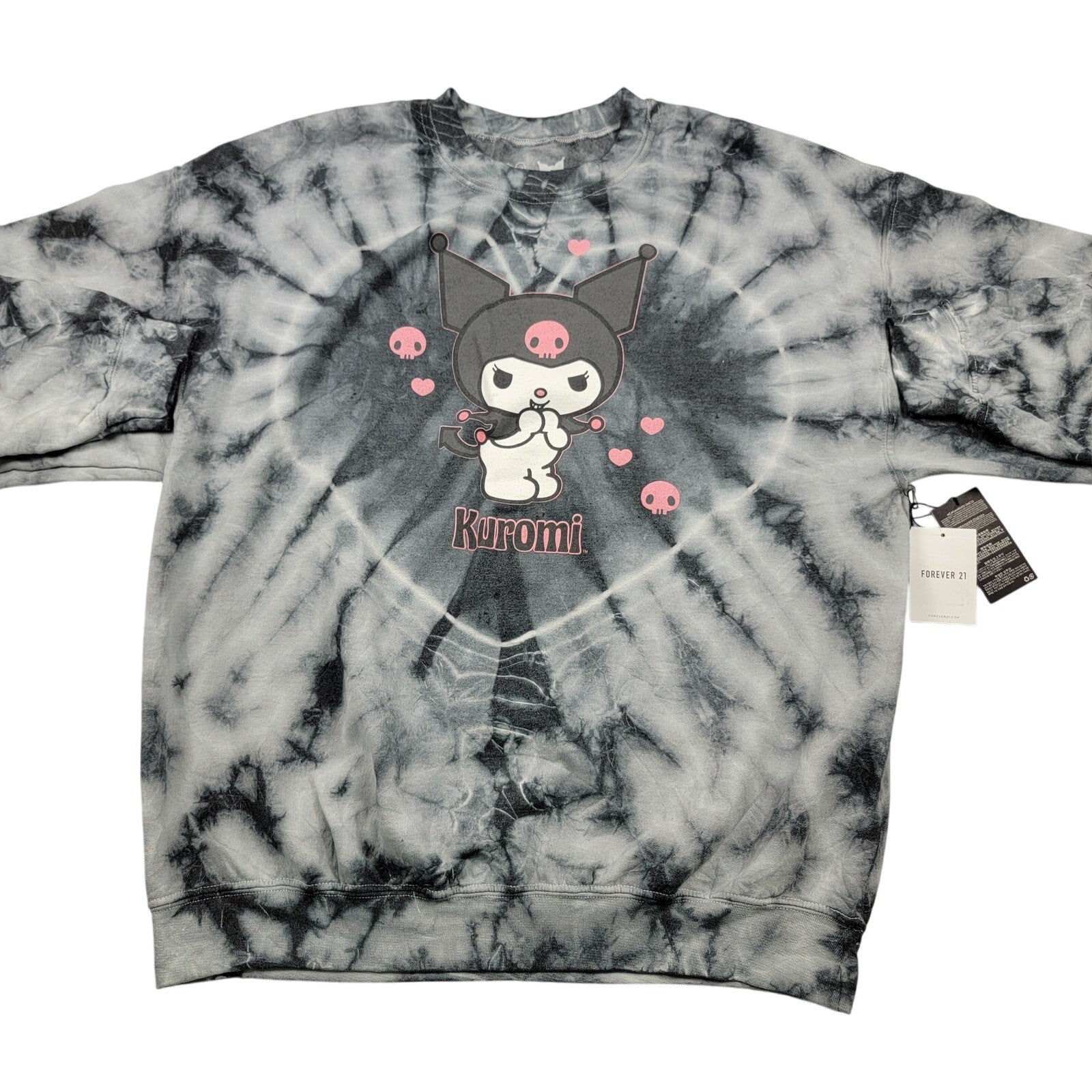 Forever 21 Sanrio Kuromi Tie Dye Sweatshirt Gray Black Hearts Large NWT