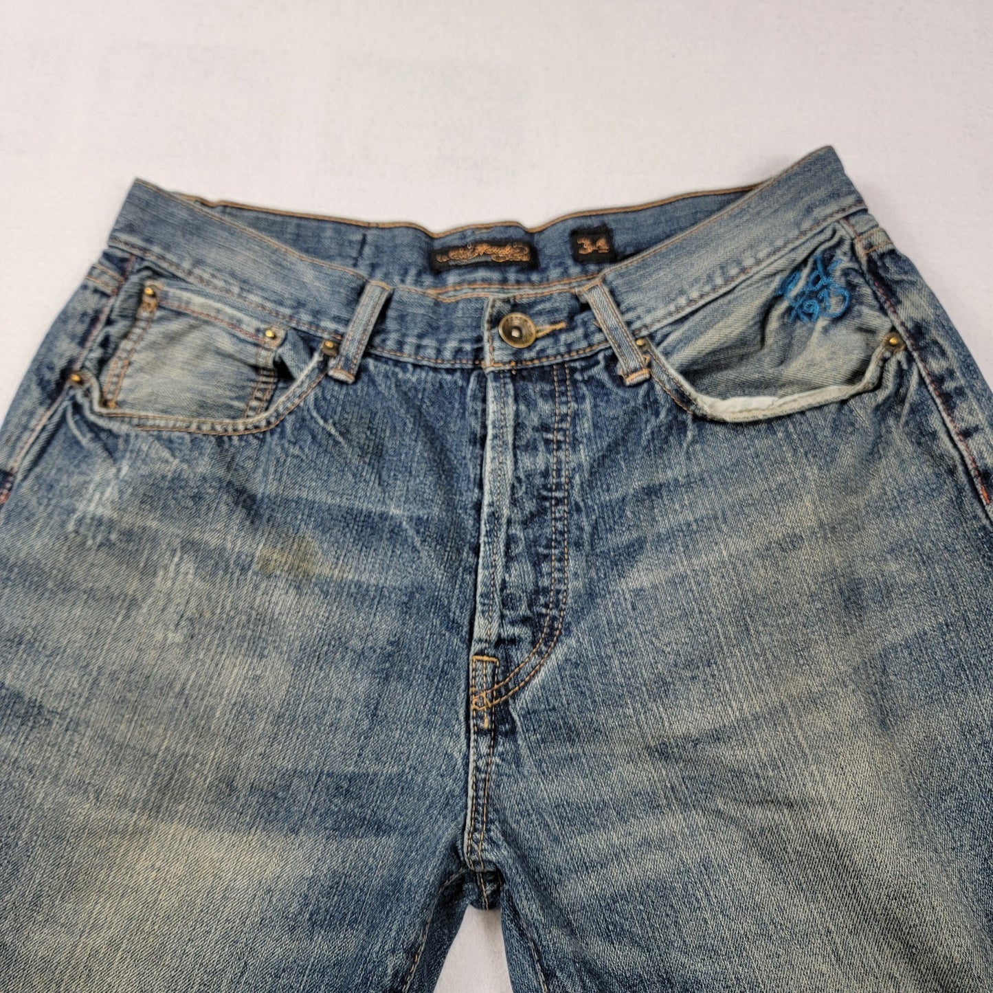 Ed Hardy Jeans Mens 34x34 Blue Denim Straight Leg Tiger Embroidery Distressed7