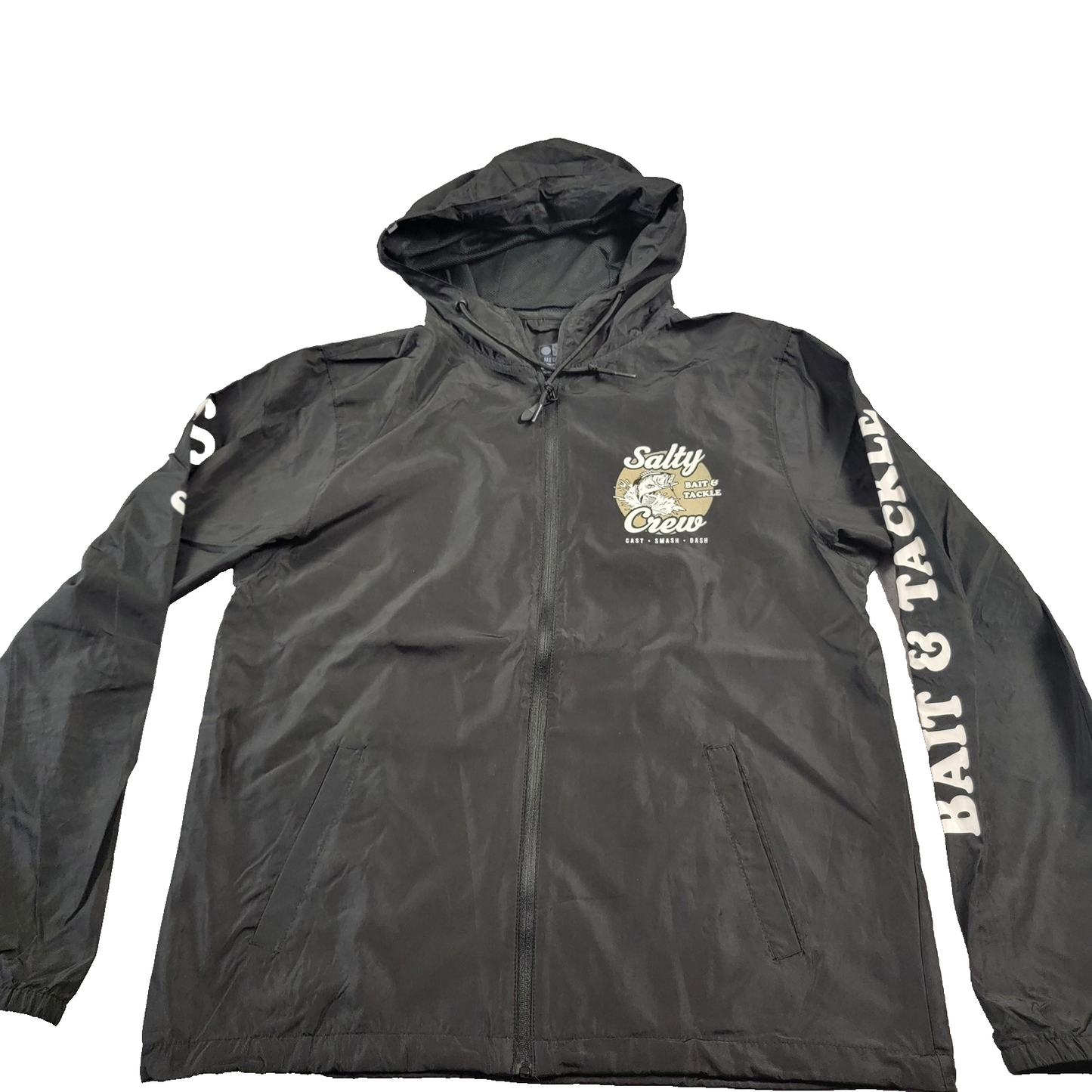 Salty Crew Jacket Mens Med Black Bait Tackle Hood Windbreaker Fishing Logo 8920