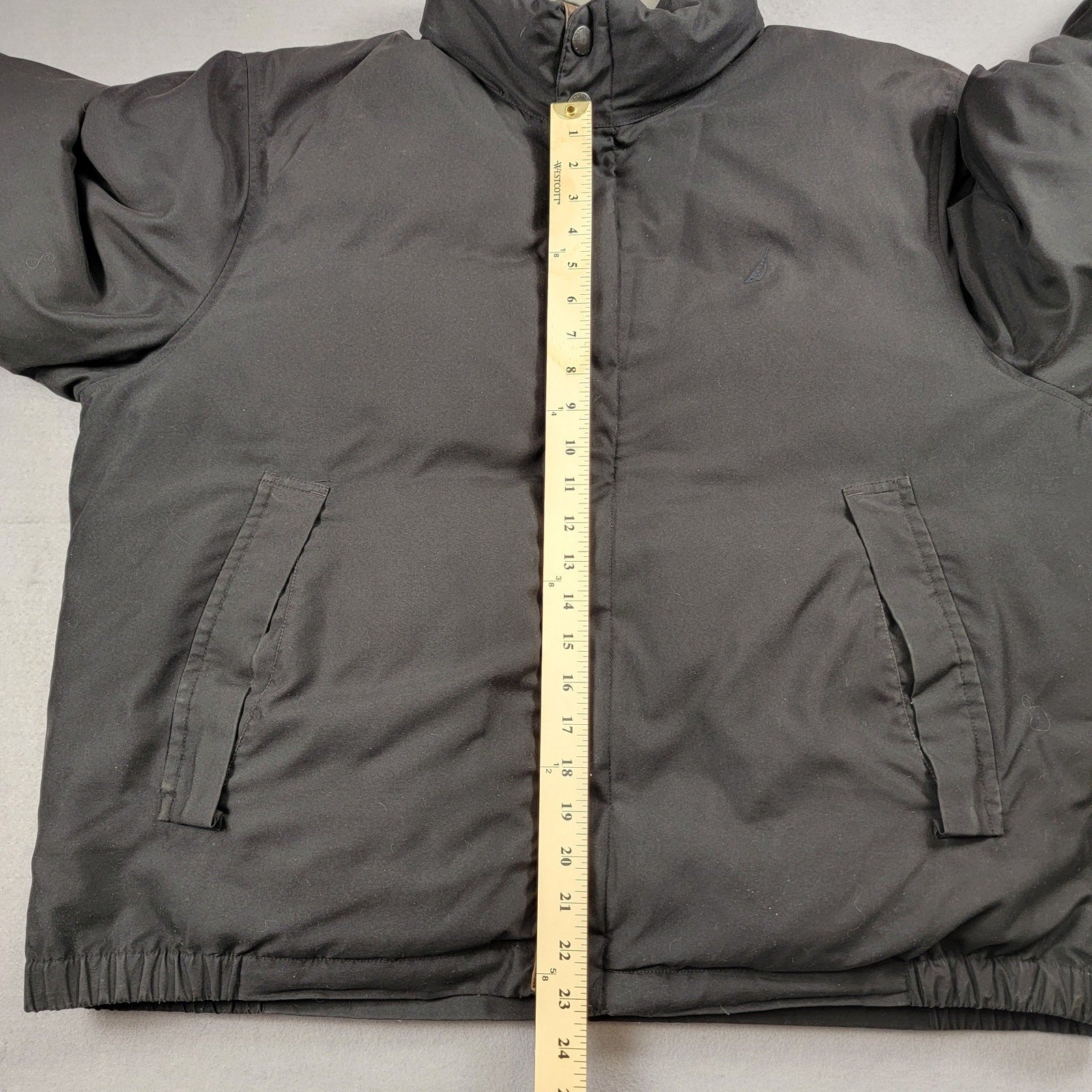 Vintage Nautica Men’s Down Jacket Black Brown Leather Trim Elbow Patch Size L8