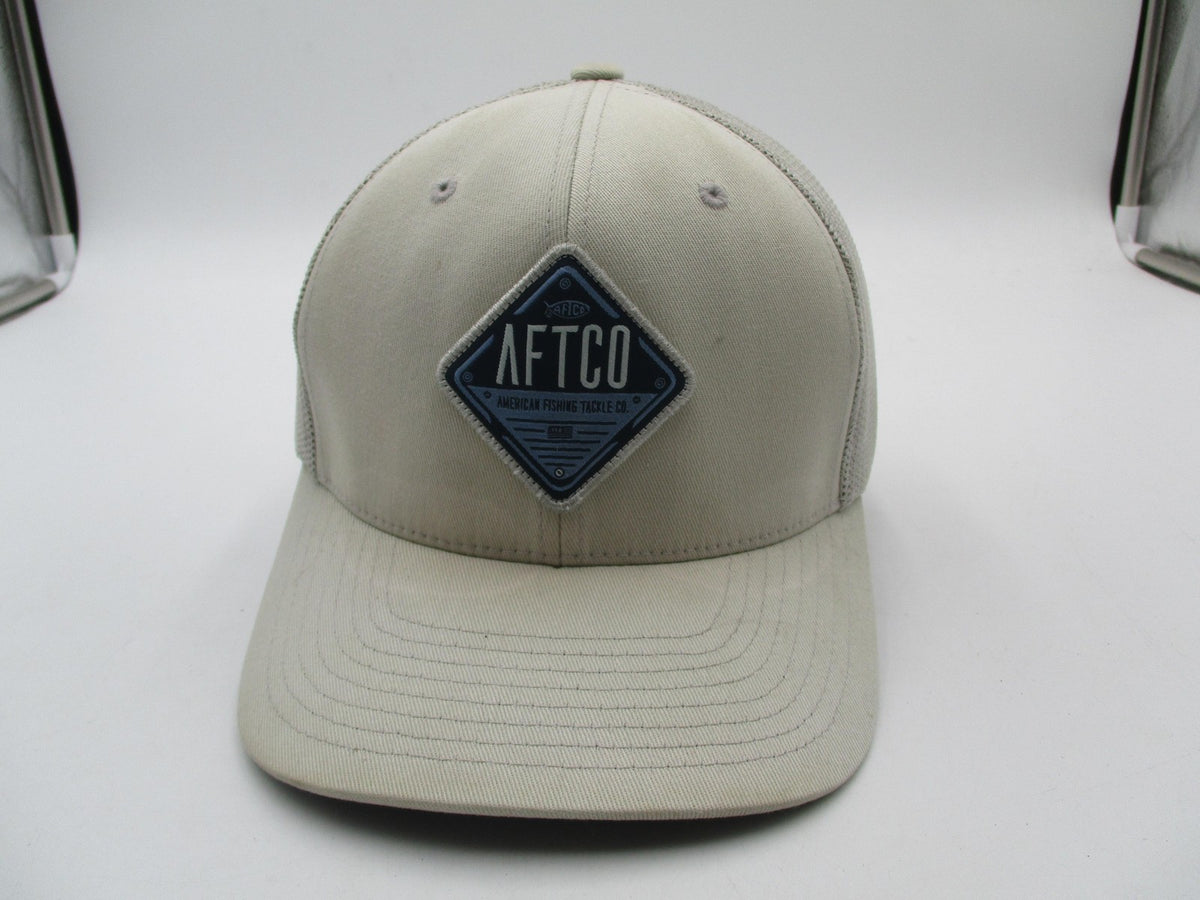 AFTCO Hat Cap Fitted Mens 7 1/8 Beige Mesh Trucker Flexfit Fishing Logo0