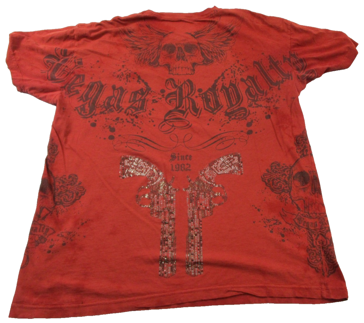 Vegas Royalty Shirt Womens Medium Red Skull Lock & Load Rhinestone Tee Graphic1
