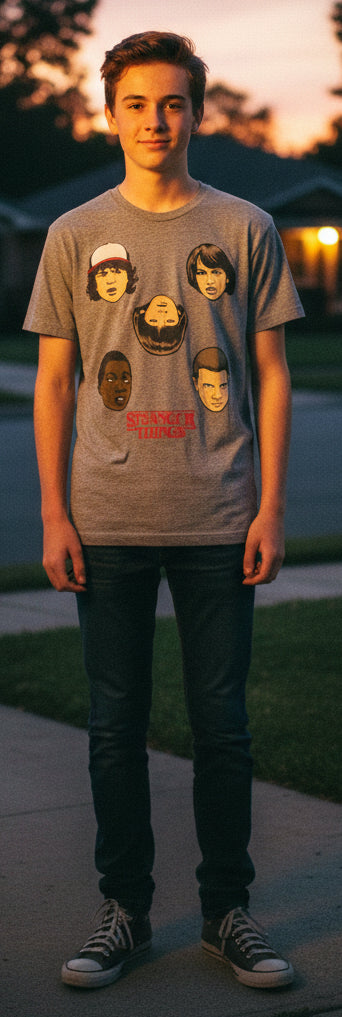 Stranger Things Shirt Mens Large Gray Cartoon Heads Logo Graphic Tee Netflix0