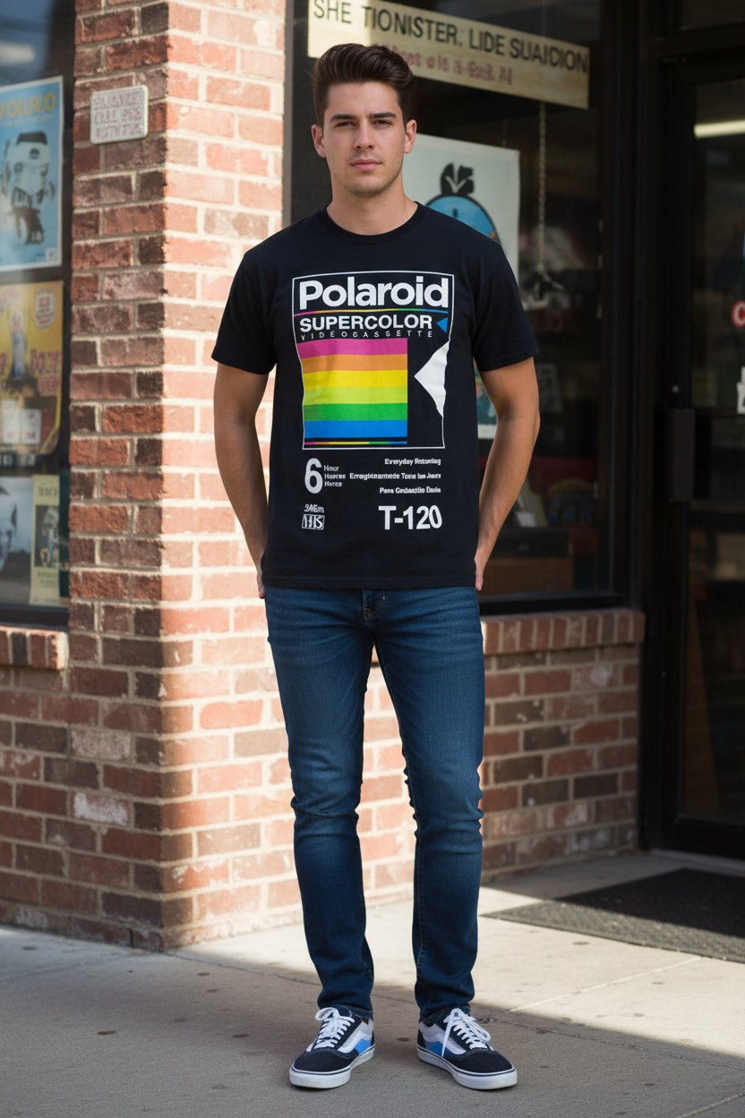 Polaroid Shirt Mens Large Black Supercolor VHS T-120 Retro Rainbow Graphic Tee0